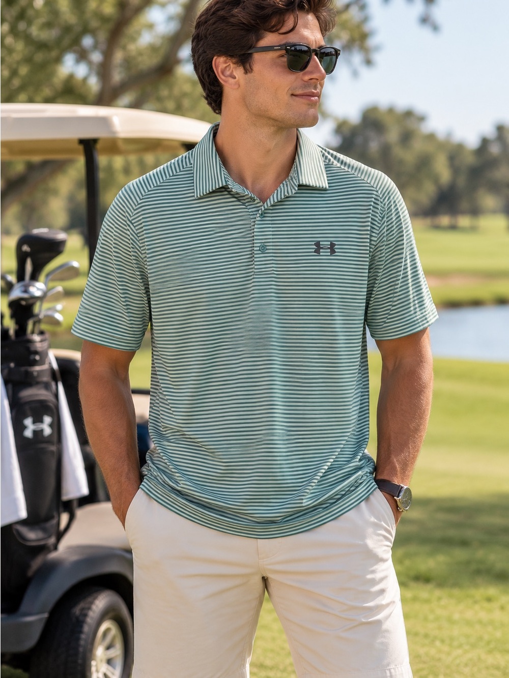 Under Armour HeatGear Menโs M Green Striped Golf Polo Shirt